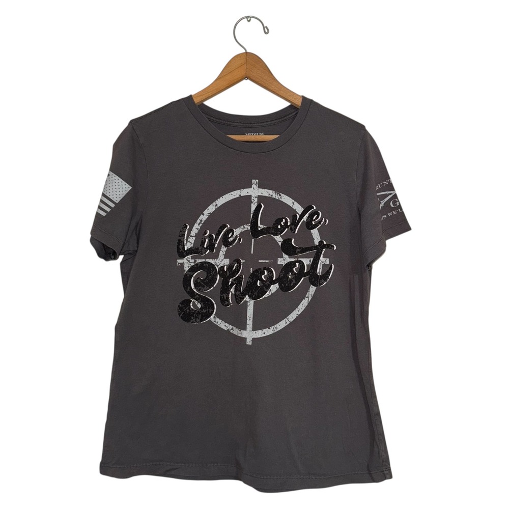 Grunt Style Live Love Shoot Graphic T Shirt Medium Gray US Flag Cotton